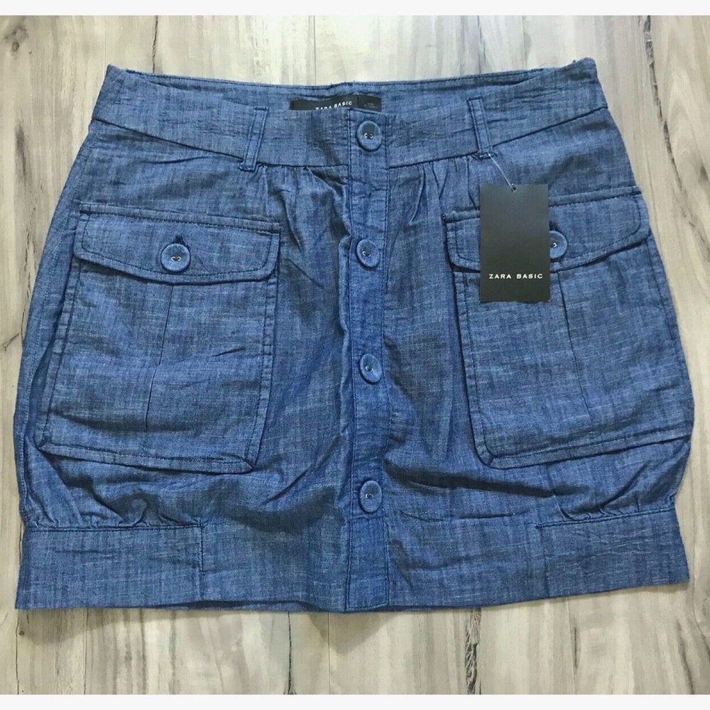 NWT ZARA BASICS DENIM CHAMBRAY CARGO MINI SKIRT L